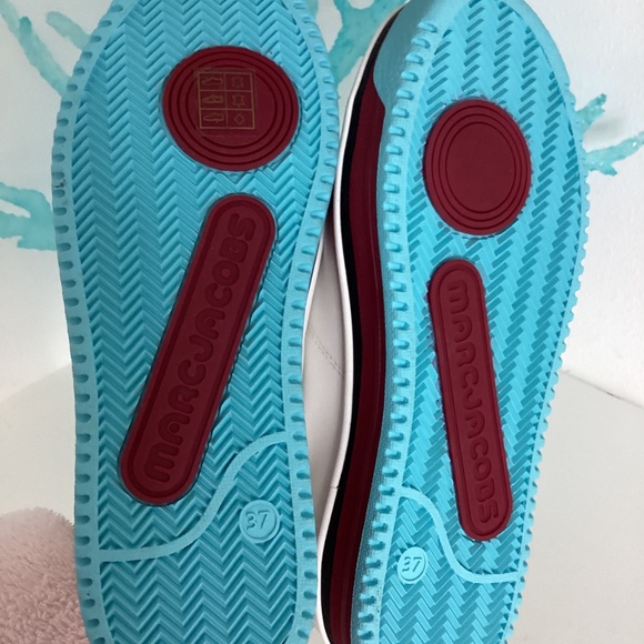 NEW Marc Jacobs Women's Slip On White Leather Blue & Burgundy Sole Sneakers 37 7 - Picture 11 of 12
